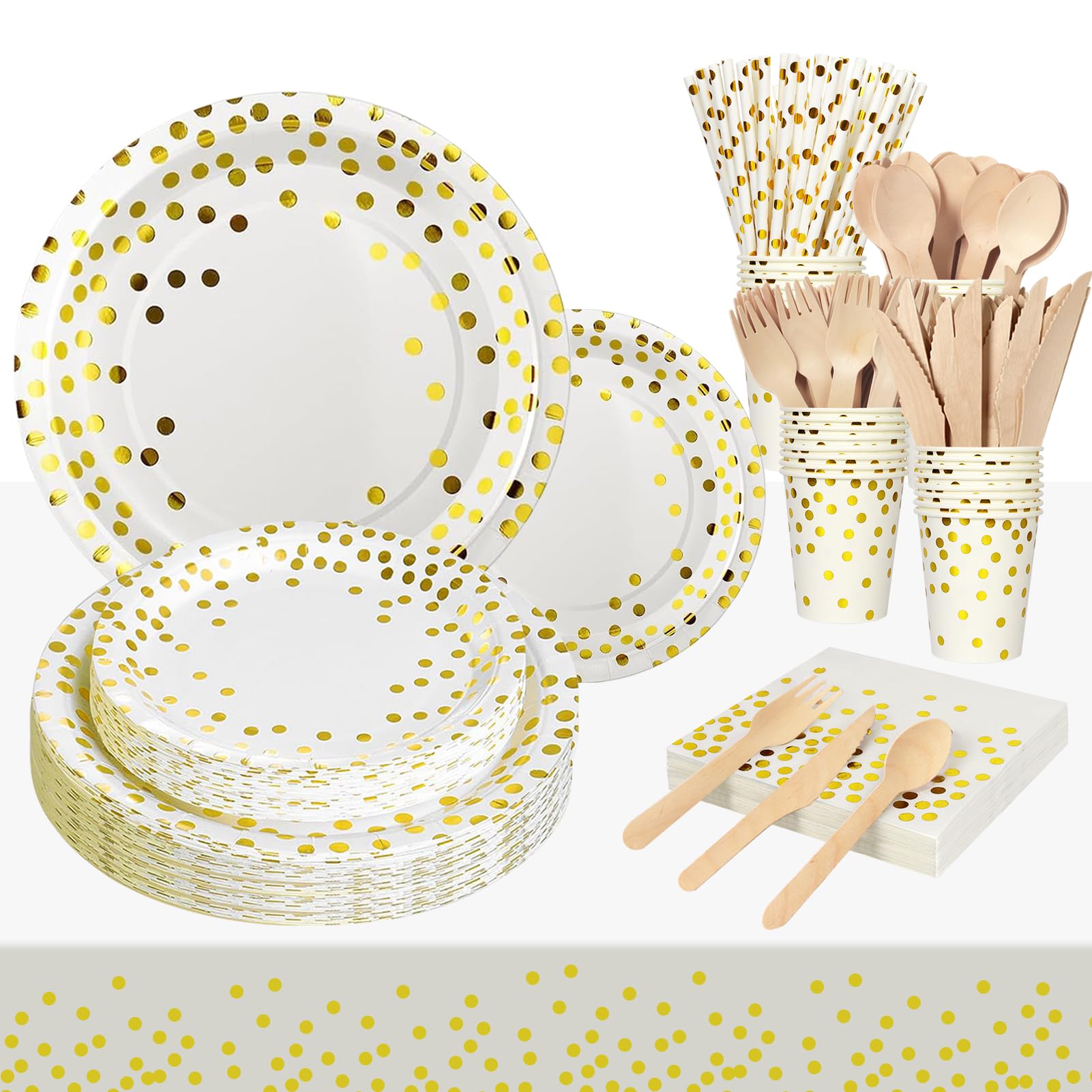 Nkaiso Party Tableware White Gold 193 Pieces Paper Party Supplies Set Includes Paper Plates Napkins Cups Reusable Cutlery, for Wedding Shower Engagement Wedding Birthday -24 Guests