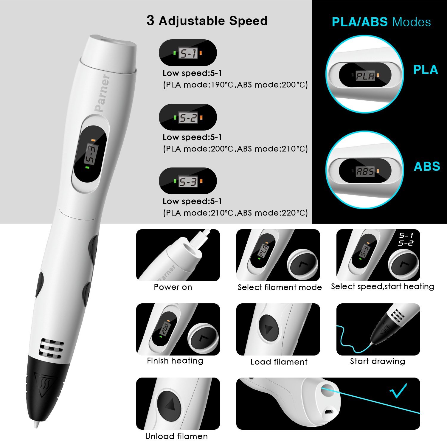 3D Printing Pen, Parner Professional 3D Drawing Pen with ...