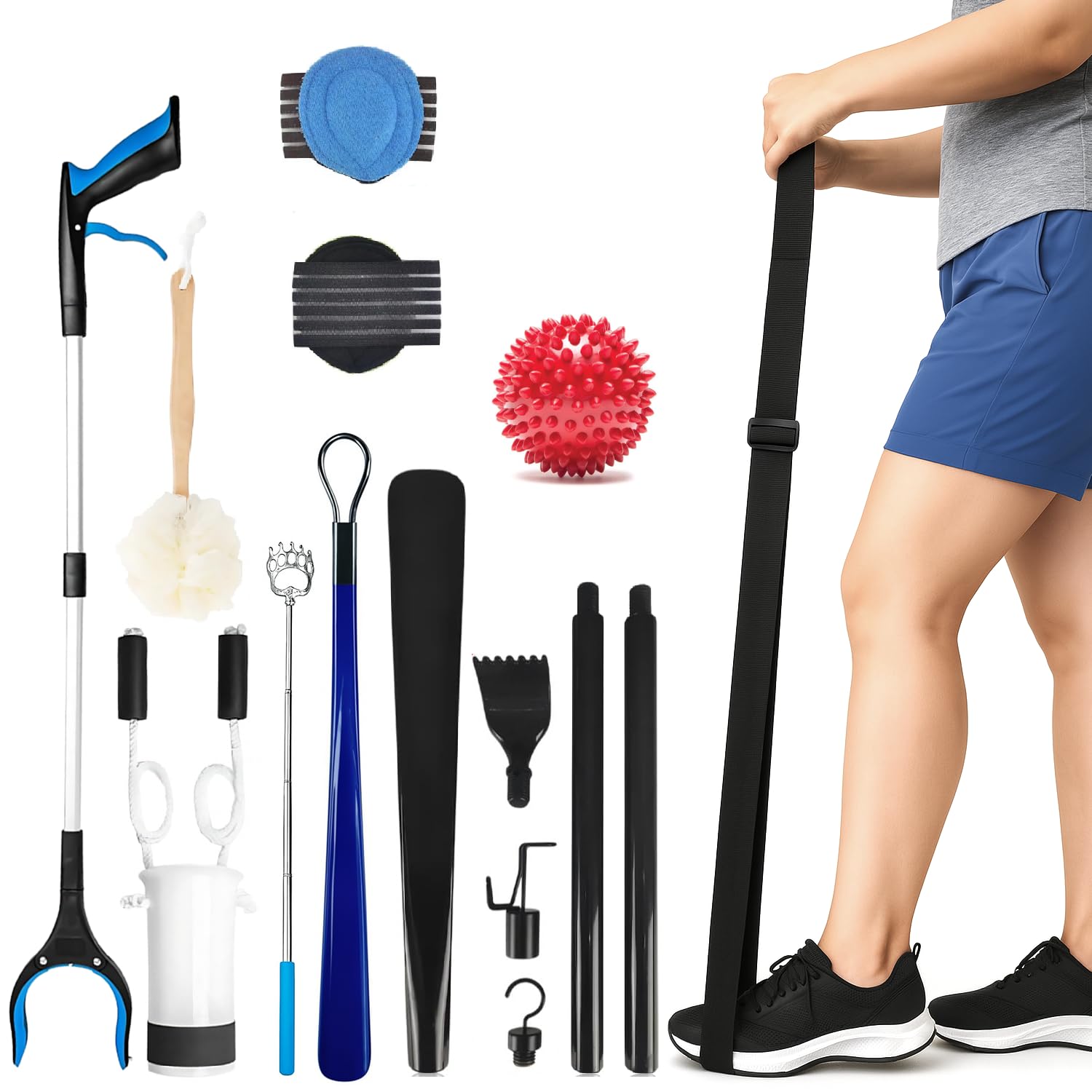 Photo 1 of 10 Piece Hip Kit for Seniors – Recovery Kit with Reacher Grabber, Sock Helper, Dressing Stick, Shoehorn, Loofah, Back Scratcher, Leg Lifter and Massage Ball – Ideal for Hip or Knee Surgery Recovery