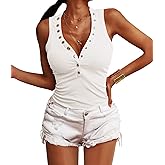 Jauoop Women's V Neck Tank Tops Summer Ribbed Sleeveless Henley Shirts Sexy Low Cut Button Down Cami Knit Tees