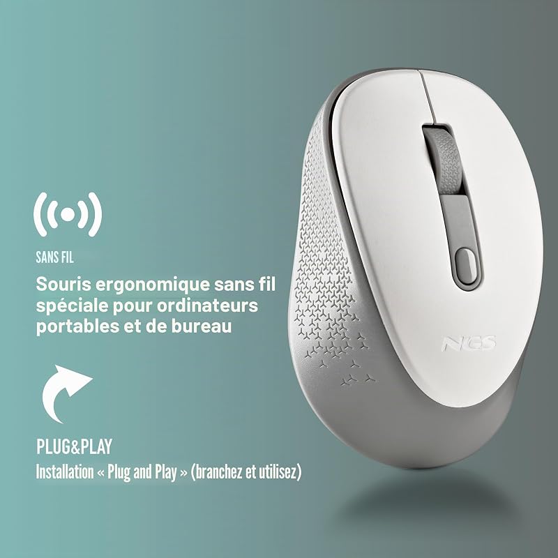 Dew White - Souris sans Fil silencieuse, Optique, Ergonomique, DPI 800/1600 réglable, Nano récepteur, ambidextre, Plug and Play, Couleur Blanche