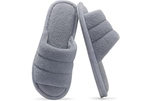 shevalues Terry Cloth Open Toe Slippers for Women Memory Foam Slip On House Slippers