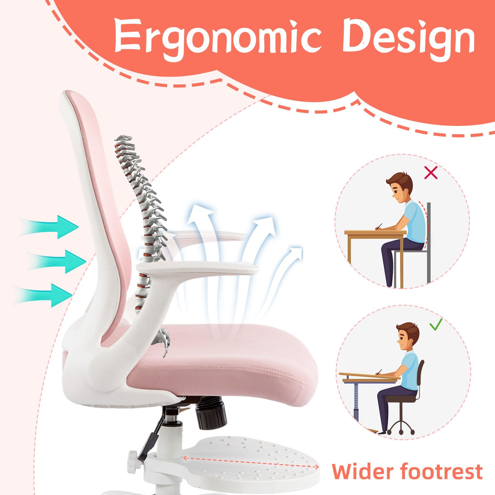 SOLLATI Kids Desk Chair Ergonomic Study Chair Swivel Mesh Desk Chair with Adjustable Arm Height Footrest Wheel Computer Home Office Chair for Children Boys Girls Students Bedroom School Age 5-13 Blue