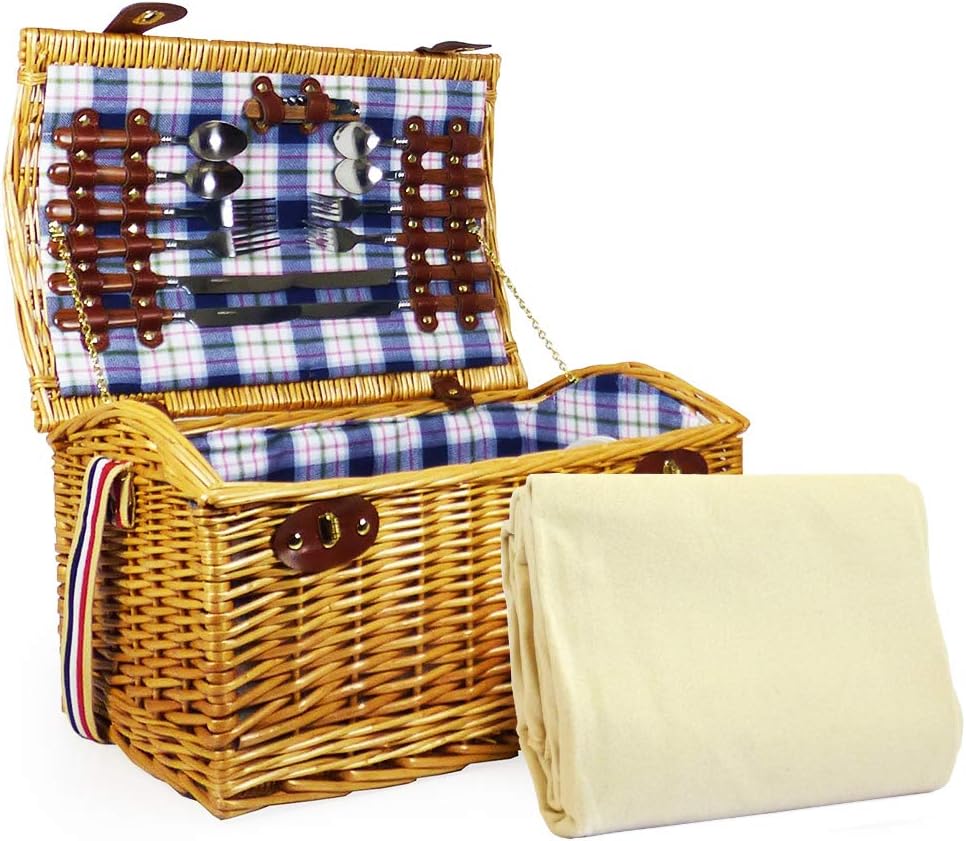 4 Person Picnic Basket Set with Cream Fleece Blanket Gift Ideas for
