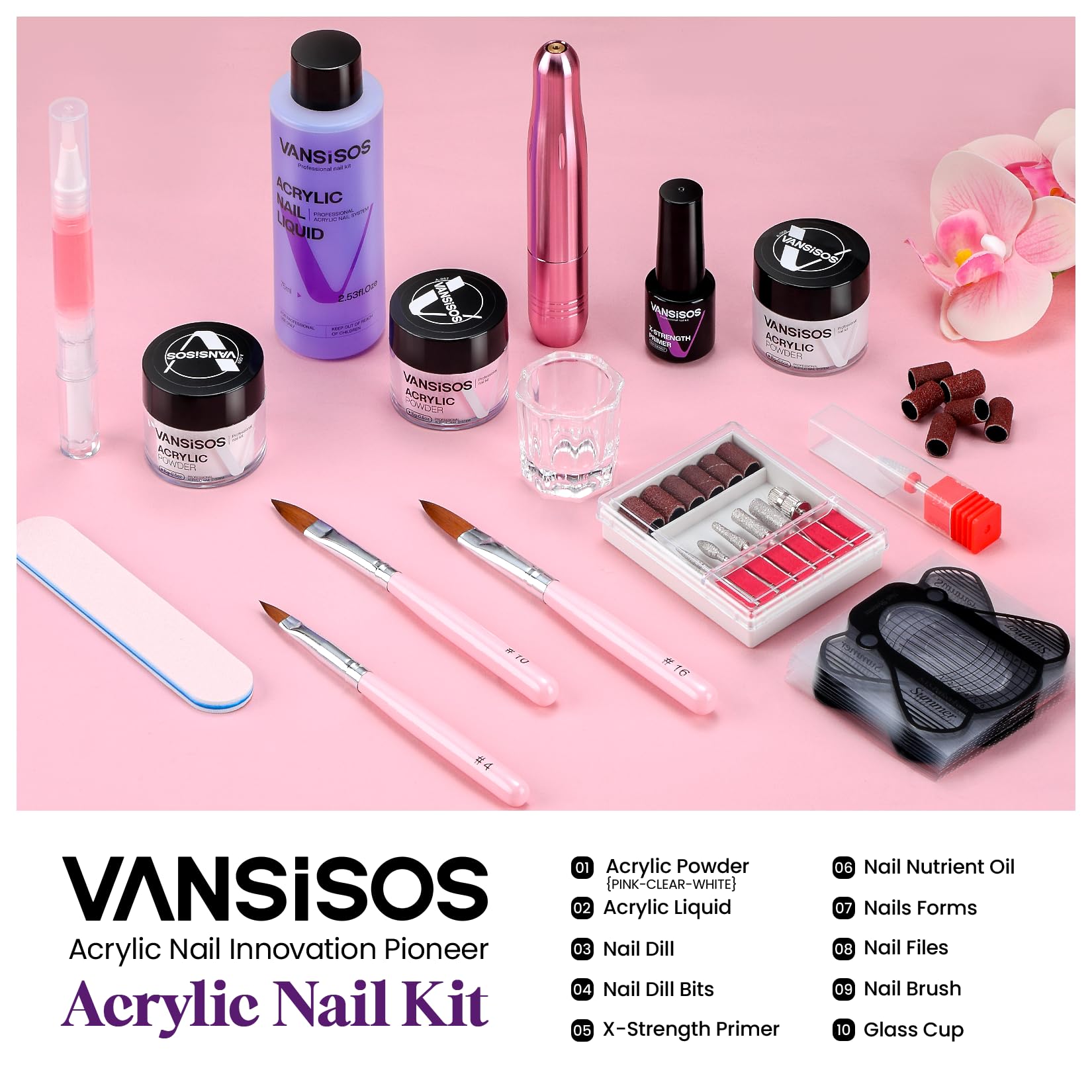VANSISOS Acrylic Nail Kit with Drill: Professional Clear White Pink Acrylic Powder and Liquid Set with Nail Drill Acrylic Nail Brushes for Acrylic Nail Extension Application 0.5oz - Image 2