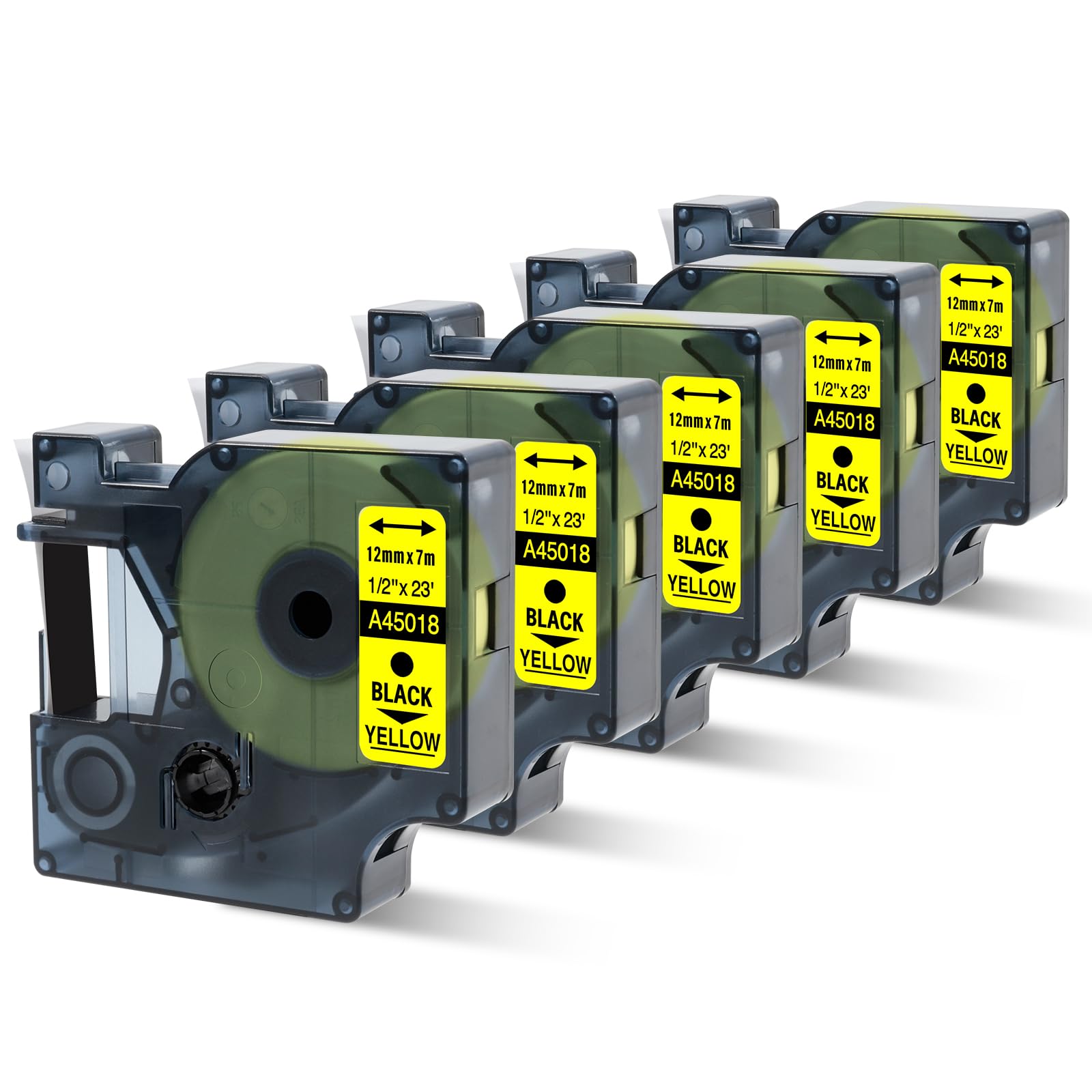 Oozmas A45018 Compatible with Dymo D1 Label Tape Black on Yellow 12mm Replacement for Dymo 45018 12mm x 7m, Compatible with LabelManager 160 210D 360D 420P 450D 500TS, 5-Pack