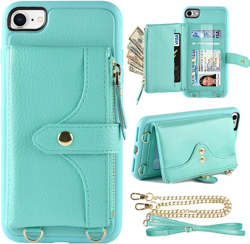 LAMEEKU Wallet Case Compatible with iPhone 8, iPhone 7 Case Wallet Card Holder SE 2020 Wrist Chain Crossbody Strap Zipper Case for iPhone SE 2020 iPhone 7/iPhone 8, 4.7 inches-Mint Green