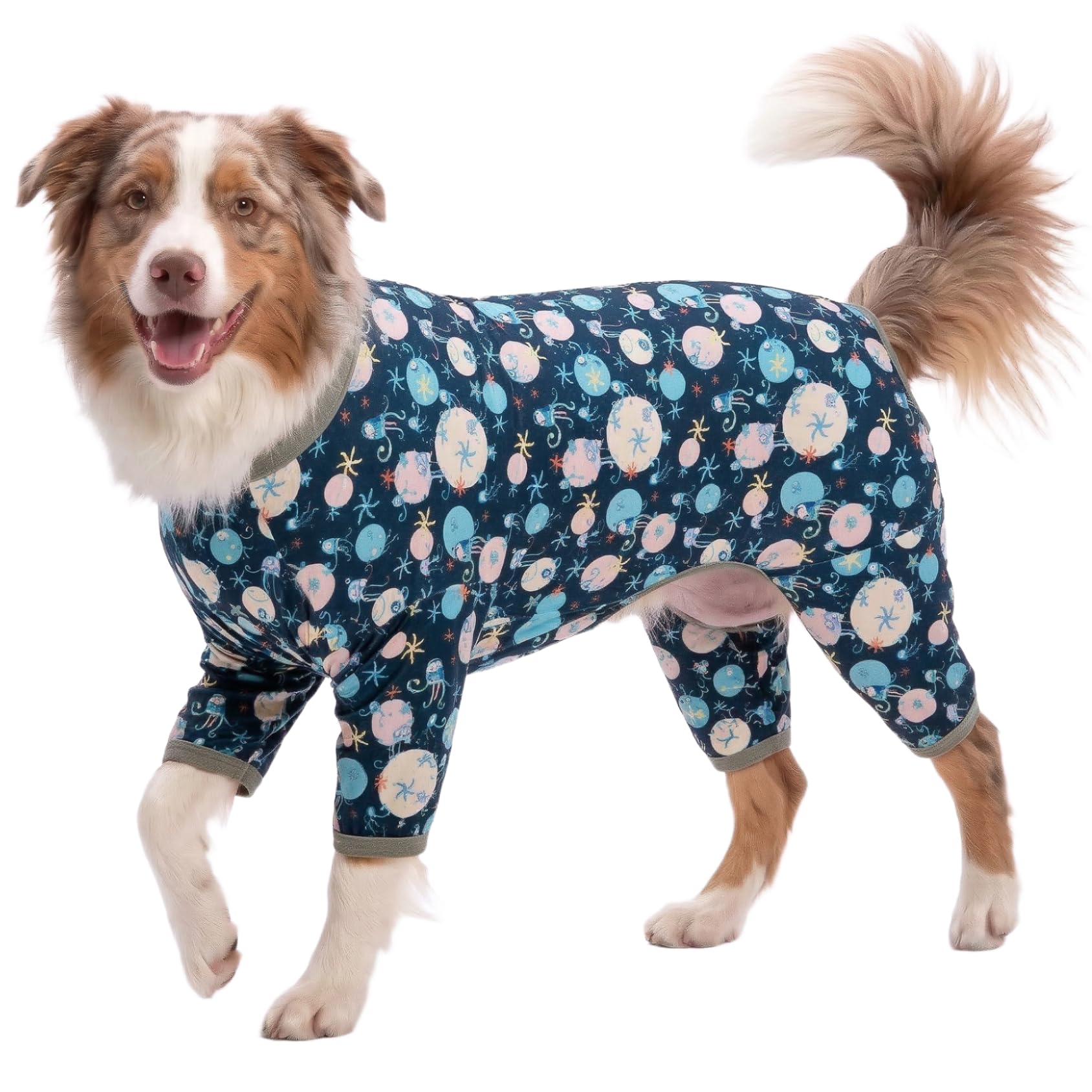 LovinPet Giant Dog Pajamas, Jellyfish And Starfish Deep Sea Print, Clothes for Dogs, Lightweight Pullover Large Puppy Pajamas, Large Breed Full Coverage Dog Jammies, Pet Pj's, 2XL