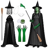 Shupakul 7 Pcs Halloween Green Nose Witch Costumes Set,Old Witch Costume with Broom,Halloween Witches Costume for Women Cosplay Props Party Outfits