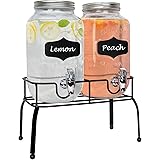 Estilo Glass Set of 2 Mason Jars Beverage Drink Dispensers on Metal Stand with Chalkboard Labels and Chalk with Lids and Leak