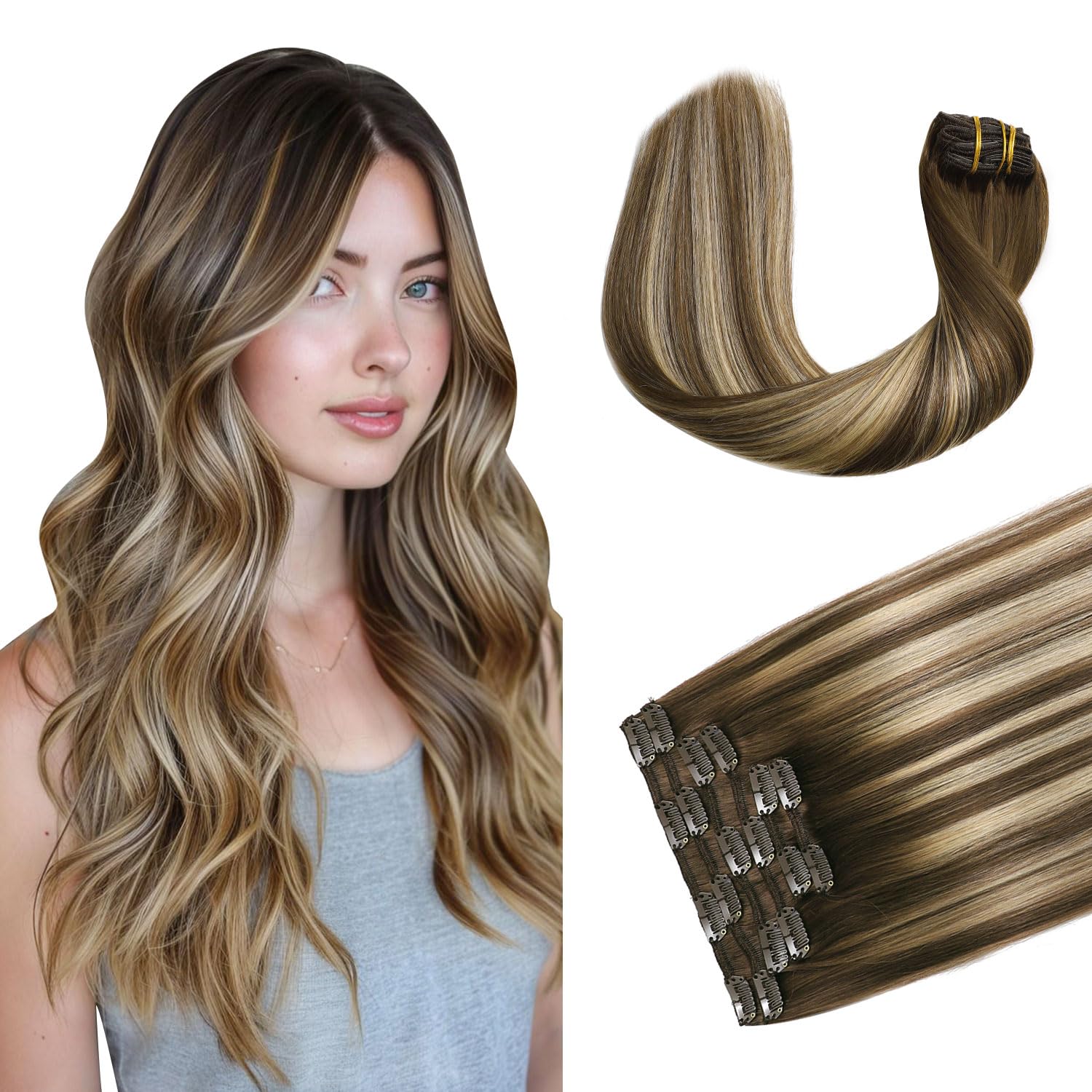 XDhair Hair Extensions Clip in Real Human Hair 100g 14 Inch Chocolate Brown to Caramel Blonde Clip In Human Hair Extensions #4/27/4