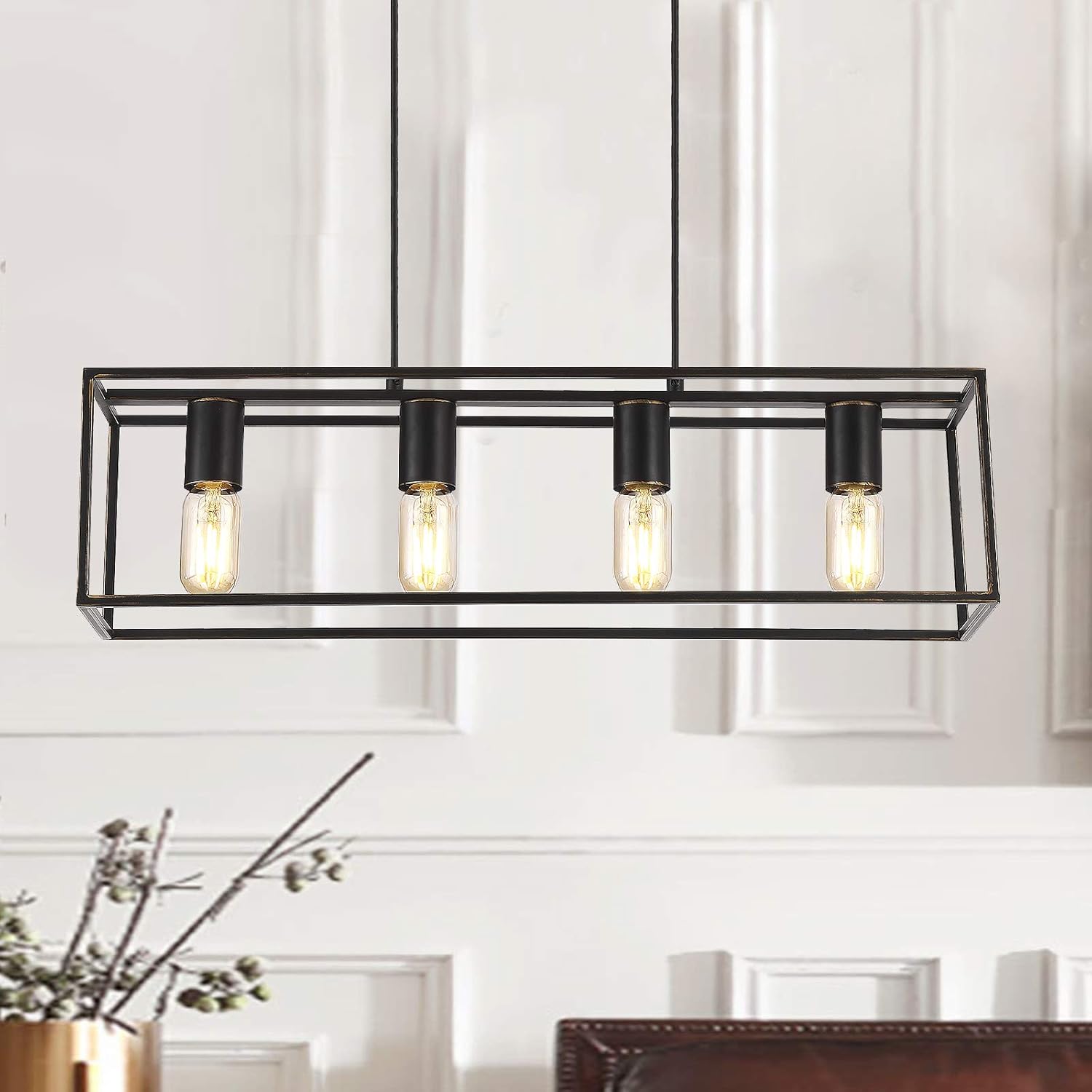 Industrial Linear Pendant Light Fixture, 4-Light Kitchen Island Lighting with Metal Open Frame . (Black+Brushed Gold, 4-Light) - - 