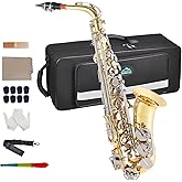 EASTROCK E Flat Alto Saxophone Nickel/Golden for Beginners and Students | Alto Sax Kit-Carrying Case, Mouthpiece, Reeds, Cushion Pads, Cleaning Kit, Gloves, Neck Strap for Practice &amp; Performance