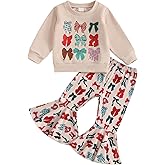 Mubineo Toddler Baby Girl Christmas Clothes Cute Bowknot Floral Outfits Sweatshirt Tops Bell Bottom Pant Kid Outfit