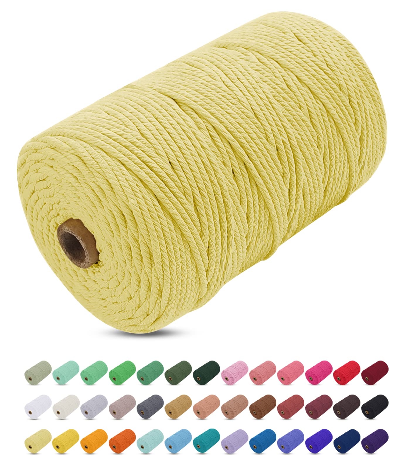 Uiopa Macrame Cord 3mm x 200m, Thick Macrame Rope Yarn Soft Natural Cotton Cord, Coloured 4-Ply Macrame String for DIY Craft, Plant Hangers, Wall Hanging, Christmas Decorations (Light yellow)
