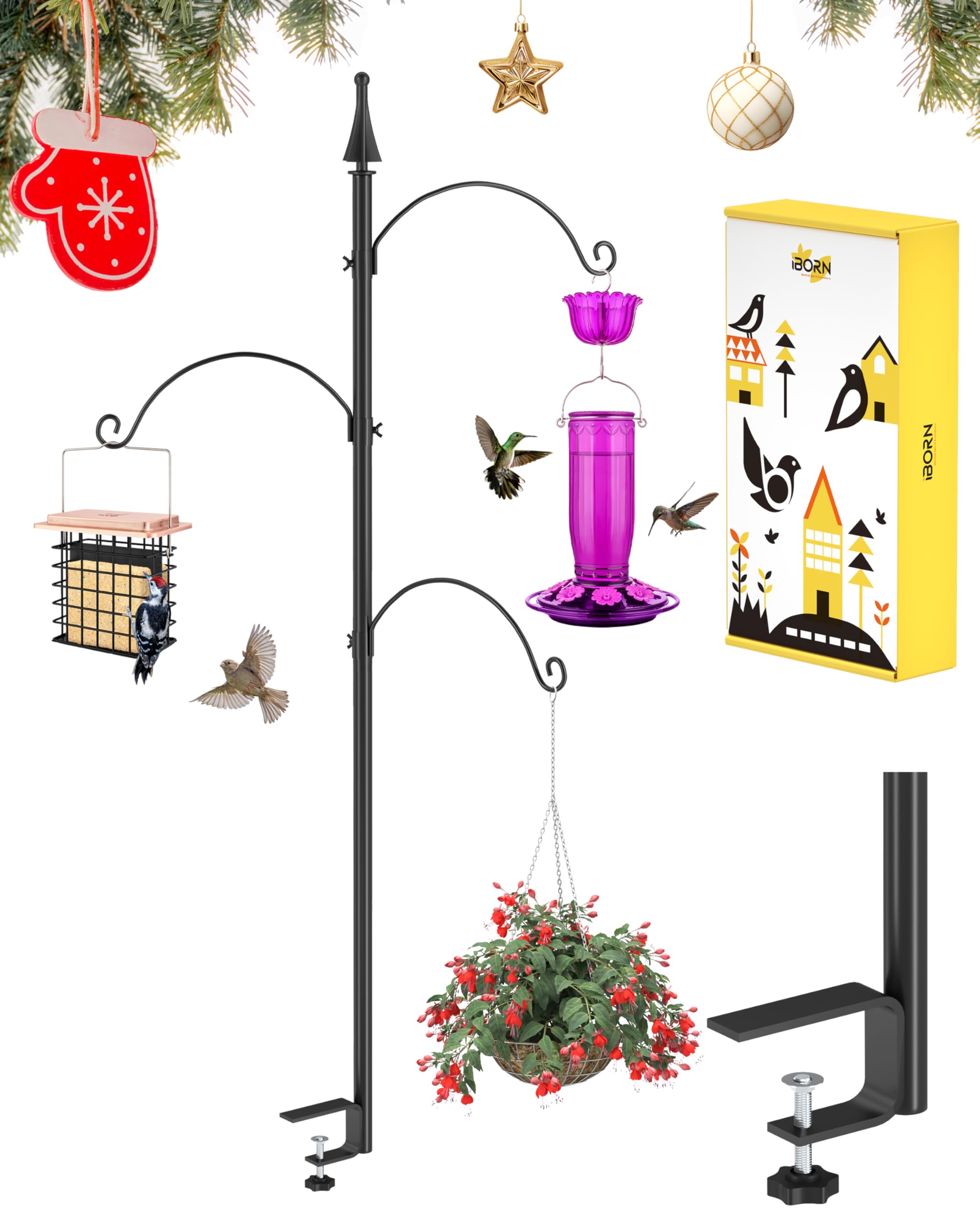 iBorn Shepherds Hooks For Outdoor Bird Feeders Hanging Bird Feeder Pole Clamp On Deck Hook 114cm Shepherds Hook Hangers Deck Railing Tri-Hooks New (Feeders are Not Included)