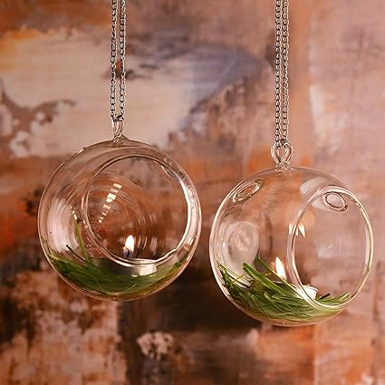 Homesake Hanging Globe Glass Tea Light, Hanging Candles, Planters for Indoor and Outdoor Decoration pots for Plants Home Decor, with Metal Hanging Chain (4 inch), Set of 2 (Set of 2, Globe)