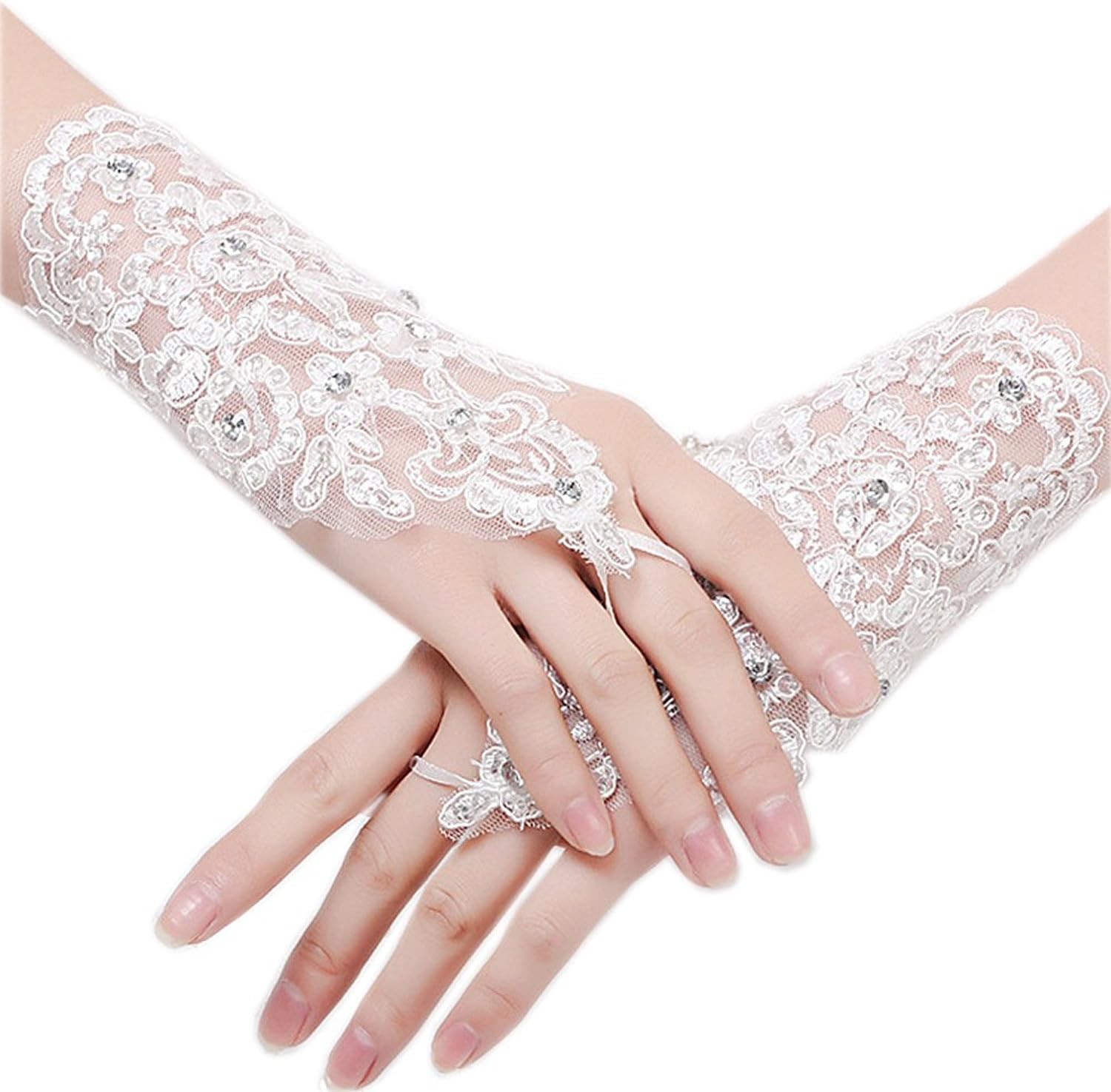 WDING Long Fingerless Rhinestone Beaded Lace Bridal Gloves for Formal Wedding Prom Party