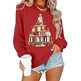 Zylkor Christmas Teacher Sweatshirt: Women's Merry Christmas Book Tree Sweater Xmas Pullover Tops