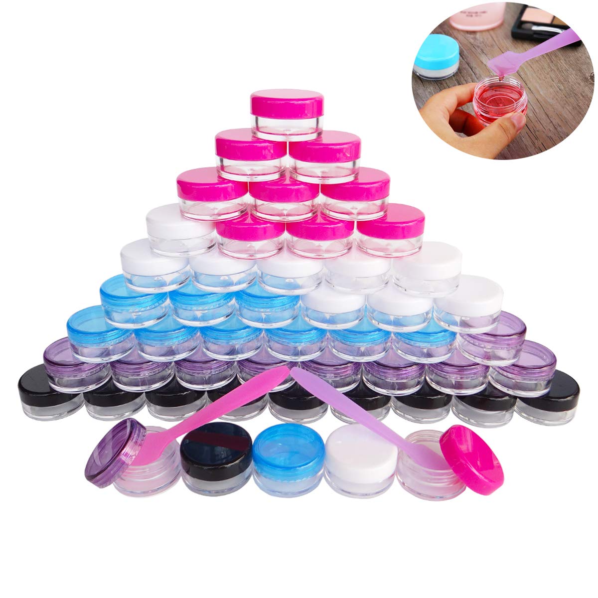 GreatforU 50pack 5g Empty Sample Jars, 5ml Small Cosmetic Container for Makeup Eyeshadow Nails Oils Lip Balm Scrubs Jewelry Cream, 5 Gram Plastic Clear Pot with Multi-color Lid, Free Dispense Spatulas
