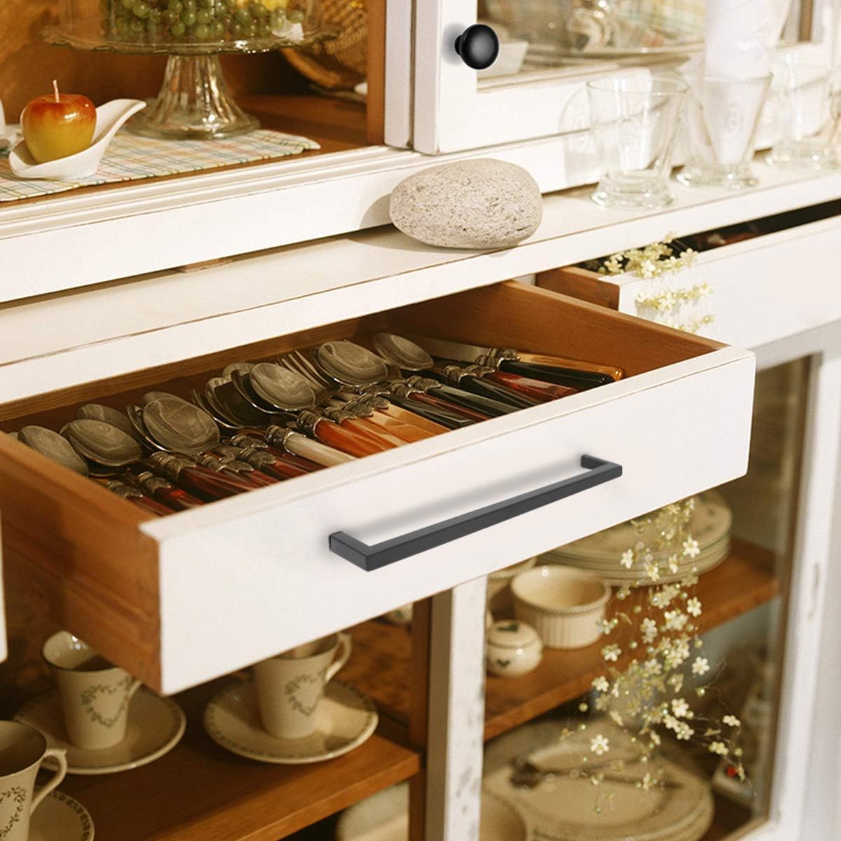 PinLin 10 Pack Kitchen Door Handles 160mm Hole Centre Flat Black Cabinet Handles Stainless Steel Square Cupboard T Bar Handle (Screws Included) - Image 4
