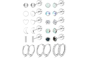 YADOCA Hypoallergenic Surgical Steel Earrings for Sensitive Ears - Flat Back Stud Earrings for Women Men - Small Cubic Zirconia Opal Stud Hoop - 20G Screw Back Cartilage Earring Sets for Multiple Piercing 13Pairs