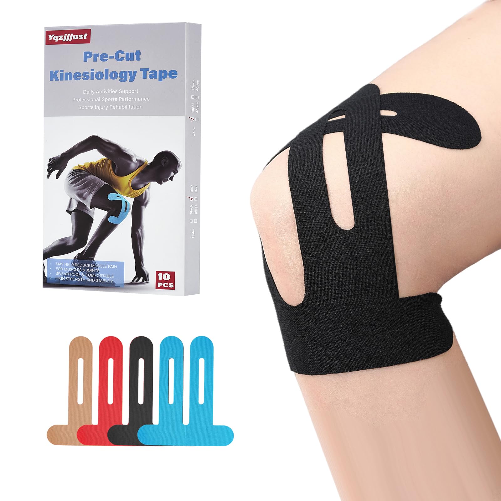 Photo 1 of 10 PCS Waterproof Kinesiology Tape for Shoulders/Knees,Precut Strips for Knee Pain Relief & Stability Support, Elastic Strong Adhesive Athletic Tape, Latex-Free Hypoallergenic Sports Tape (Black),