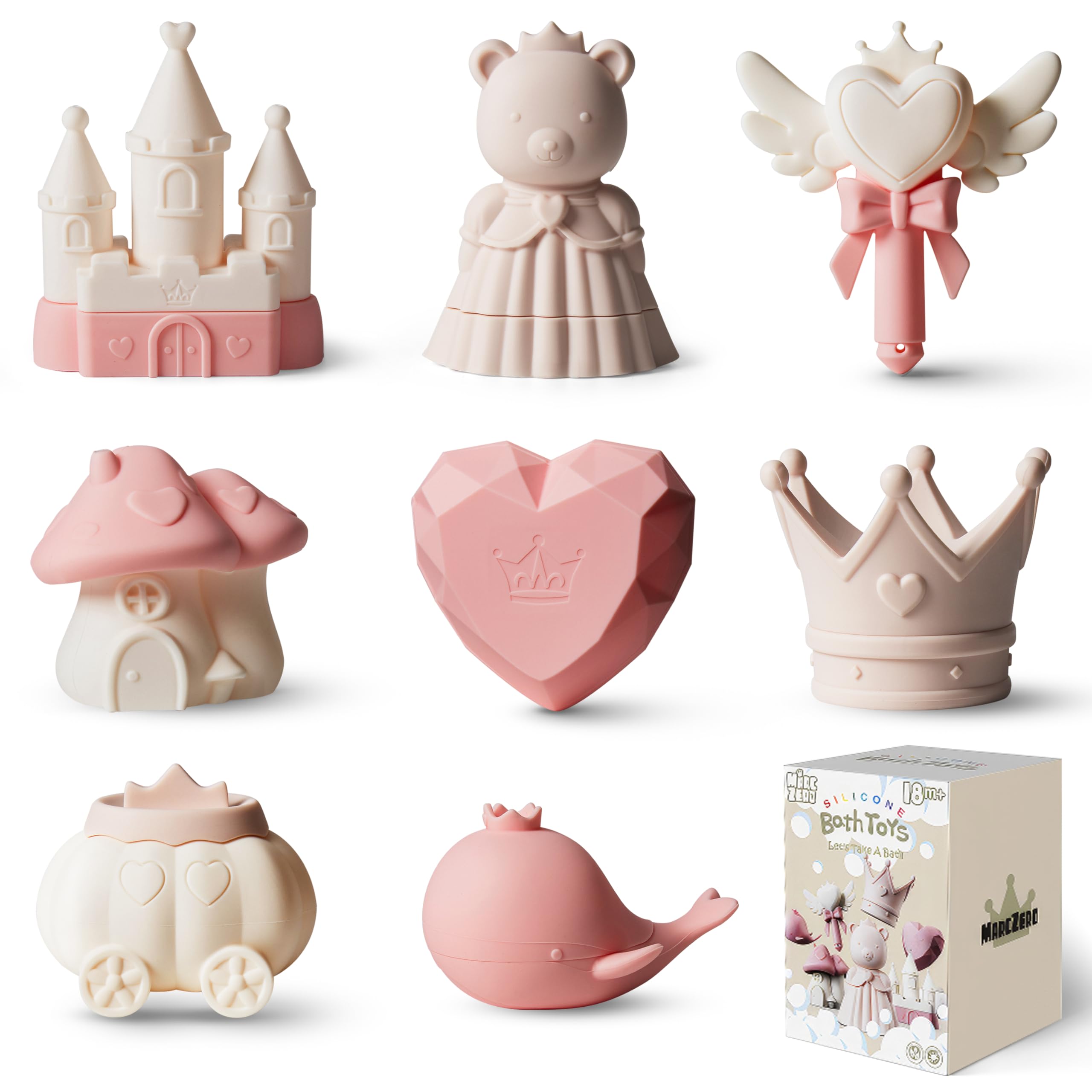 MarcZero Princess Silicone Bath Toys 8Pcs for Toddlers Kids Babies,Bathtub Water Toys,Soft Squeezable Easy-Grip Pool Toys Set (Pink)