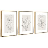 WRFON Neutral Botanical Canvas Wall Art, Minimalist Black Line Flower Poster Prints, Boho Beige Floral Wall Decor, Abstract Plant Leaf Aesthetic Picture for Bedroom Living Room Framed 12