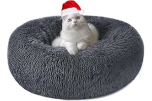 NEPFAIVY Calming Dog Cat Donut Bed - Cat Beds for Indoor Cats Washable, Round Dog Beds for Small Dogs, Anti-Anxiety Fluffy Plush Faux Fur Pet Bed, Cozy Cuddler Puppy Bed, Waterproof Anti-Slip Bottom