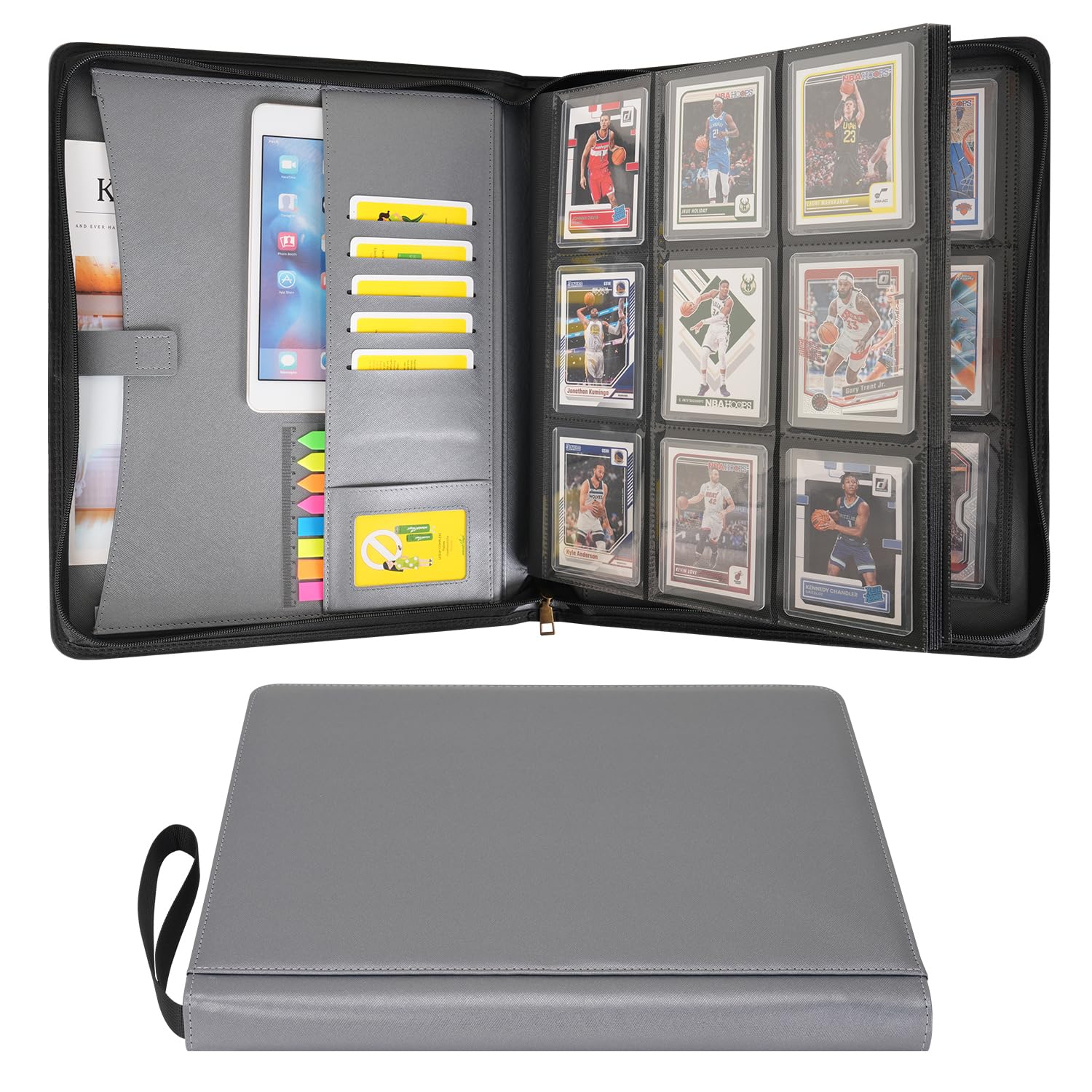 Wonderpool Toploader Binder Trading Card Album Storage 9 Pocket - 360 Side Loading Holds Toploaders with Extra Interior Pockets | PU Leather Notebook for MTG TCG Yugioh Game Sports Cards (Grey)