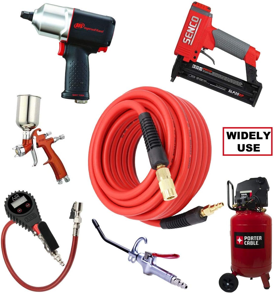 YOTOO Hybrid Air Hose 3/8-Inch by 50-Feet 300 PSI Heavy Duty, Lightweight, Kink Resistant, All-Weather Flexibility with 1/4-Inch Brass Male Fittings, Bend Restrictors, Red - - 