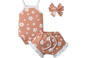 Newborn Infant Baby Girl Ribbed Knit Camisole Floral Print Romper Bodysuit Ruffle Bloomers Shorts Headband Set