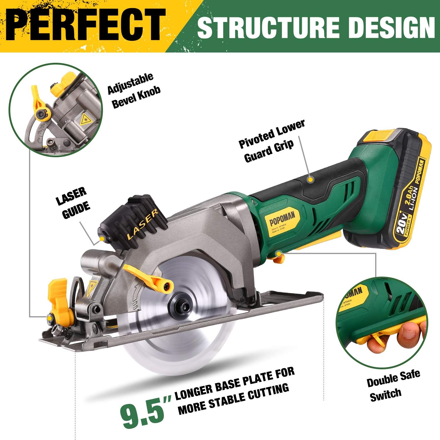 POPOMAN Cordless Circular Saw, 4-1/2" Saw with Laser Guide, 20V 2.0Ah Battery, 1H Charger, 9.5" Base Plate, Max Cutting Depth 1-11/16'' (90°), 1-1/8'' (45°), Wood, Plastic and Metal Cuts - MTW80B - - 