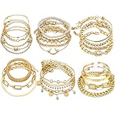 IFNODO 28pcs Gold Chain Bracelets Set for Women 14K Gold Plated Multiple Layered Bangle Adjustable Link Bracelet Anklet Fashion Accessories Jewelry Gift