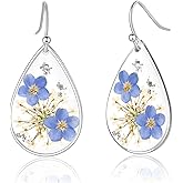 Forget Me Not and Queen Anne's Lace Pressed Wildflower Earrings, Dainty Sterling Silver Drop Dangle Earrings for Women