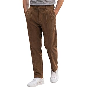 JMIERR Men's Corduroy Pants Stretch Relaxed Tapered Fit Pleated Trousers | Stretch Corduroy, Front Pleats, Side Elastic Inser