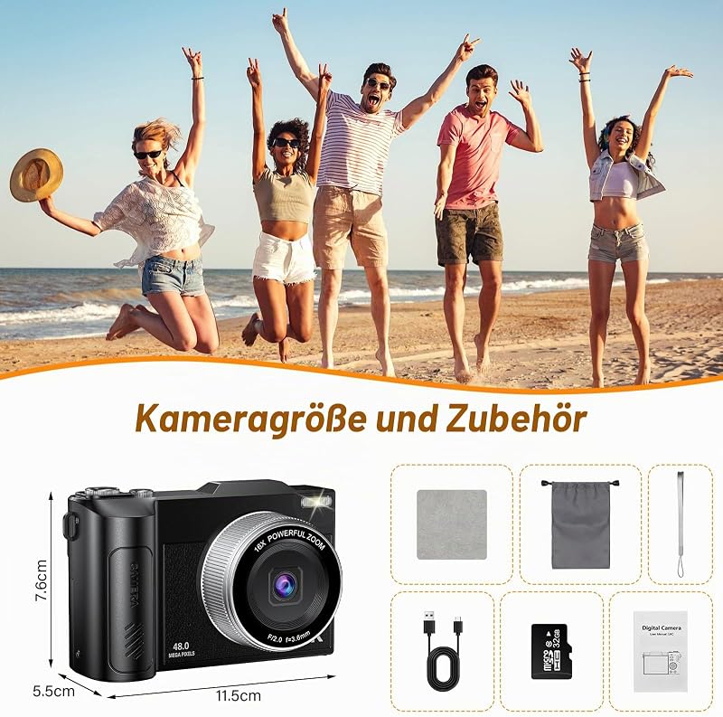 Digitalkamera 4K 48MP Autofokus Fotokamera 16X Digitalzoom Fotoapparat mit 180° Klappbarer Bildschirm Kompaktkamera mit 32GB Karte für Teens Anfänger Erwachsene (Weiß) (Schwarz) — Foto 2 von 7