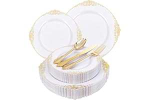 Joyido 125PCS White and Gold Plastic Plates - Gold Disposable Plates with Plastic Silverware - Vintage Disposable Dinnerware Set for 25 Guests for Christmas Parties Holiday