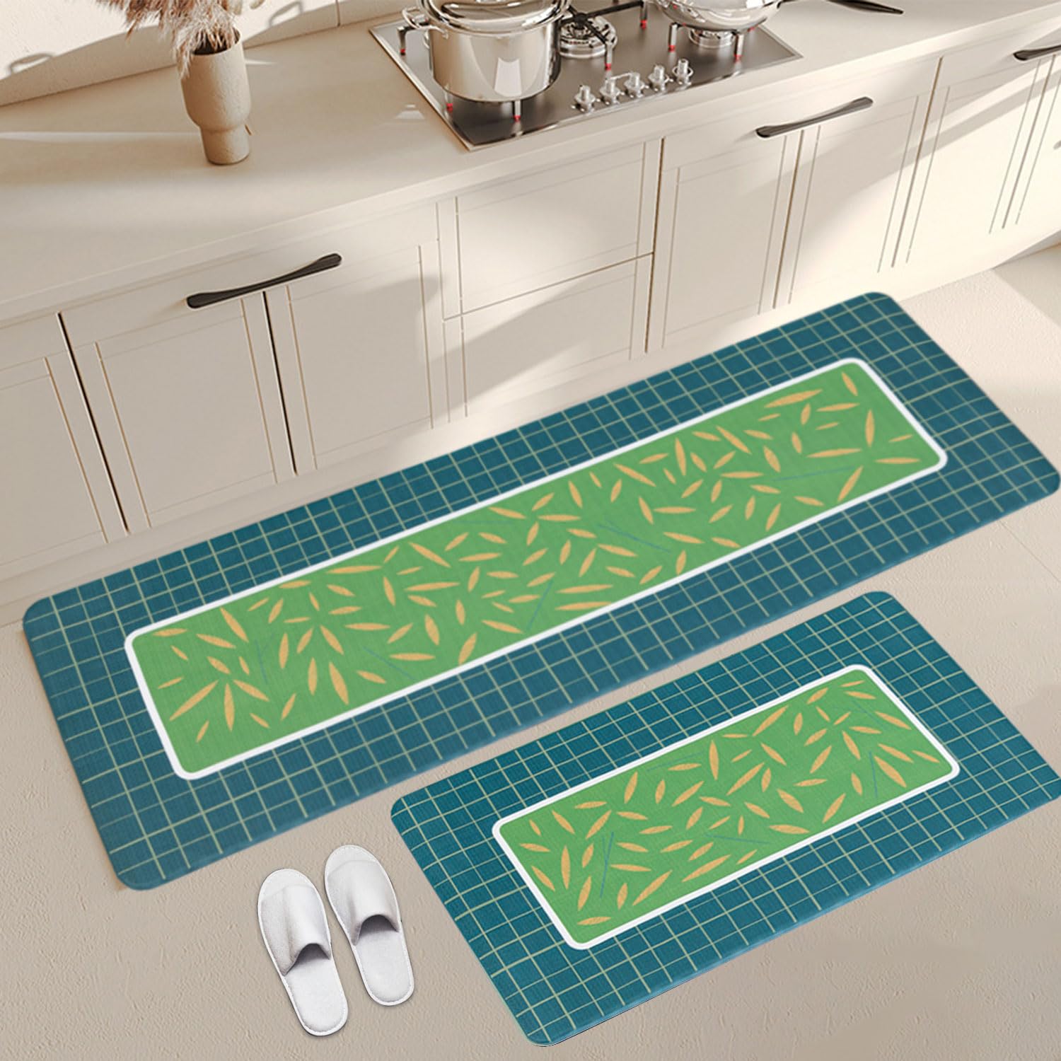 GNEGNI LIFE Kitchen Rugs 2 Pcs Non Slip PVC Kitchen Mats Set Waterproof Anti Fatigue Runner Rugs for Hallway Dining Room Entryway (Dark Green-Leaves)