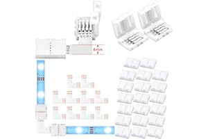Ledagic L Shape LED Strip Connectors 10-Pack with 20Pcs Clips, Unwired Solderless LED Light Connectors for 8mm Wide 4-Pin Strip Lights