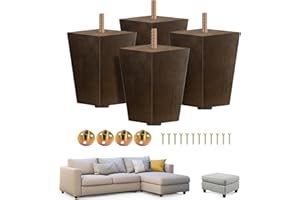 Yes4All 4-Inch Square Wooden Furniture Legs Set of 4, Brown Mid-Century Modern Feet for Sofa, Ottoman, Bench, Dresser, and Table Risers with Adjustable Levelers for Stability and Floor Protection