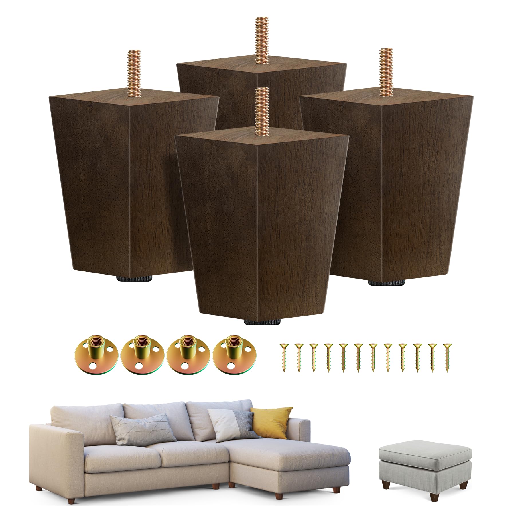 Photo 1 of Yes4All 4-Inch Square Wooden Furniture Legs Set of 4, Brown Mid-Century Modern Feet for Sofa, Ottoman, Bench, Dresser, and Table Risers with Adjustable Levelers for Stability and Floor Protection