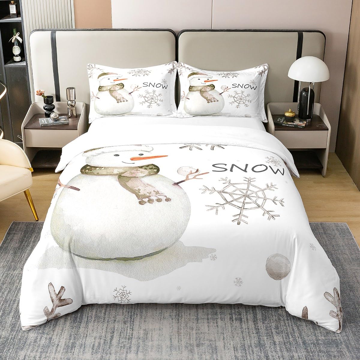 Homewish 100% Natural Cotton Cute Snowman Duvet Cover Single Size Snowflake Printed Bedding Set Kawaii Winter Snow Comforter Cover Winter Season Bed Sets with 1 Pillowcase Breathable