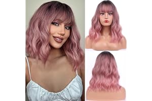 BERON Ombre Pink Wigs Short Curly Bob Wig with Bangs Ombre Color Wavy Hair Wigs Women's Synthetic Wigs Daily Party Use