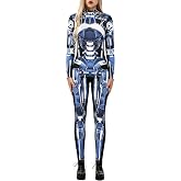 Sumtory Womens Hi-neck Skeleton Print Bodycon Jumpsuits Fullbody Unitard | High Neck Long Sleeve Bodysuit with Back Zipper for Futuristic Cosplay, Halloween Parties, Theme Events and Club Outfits