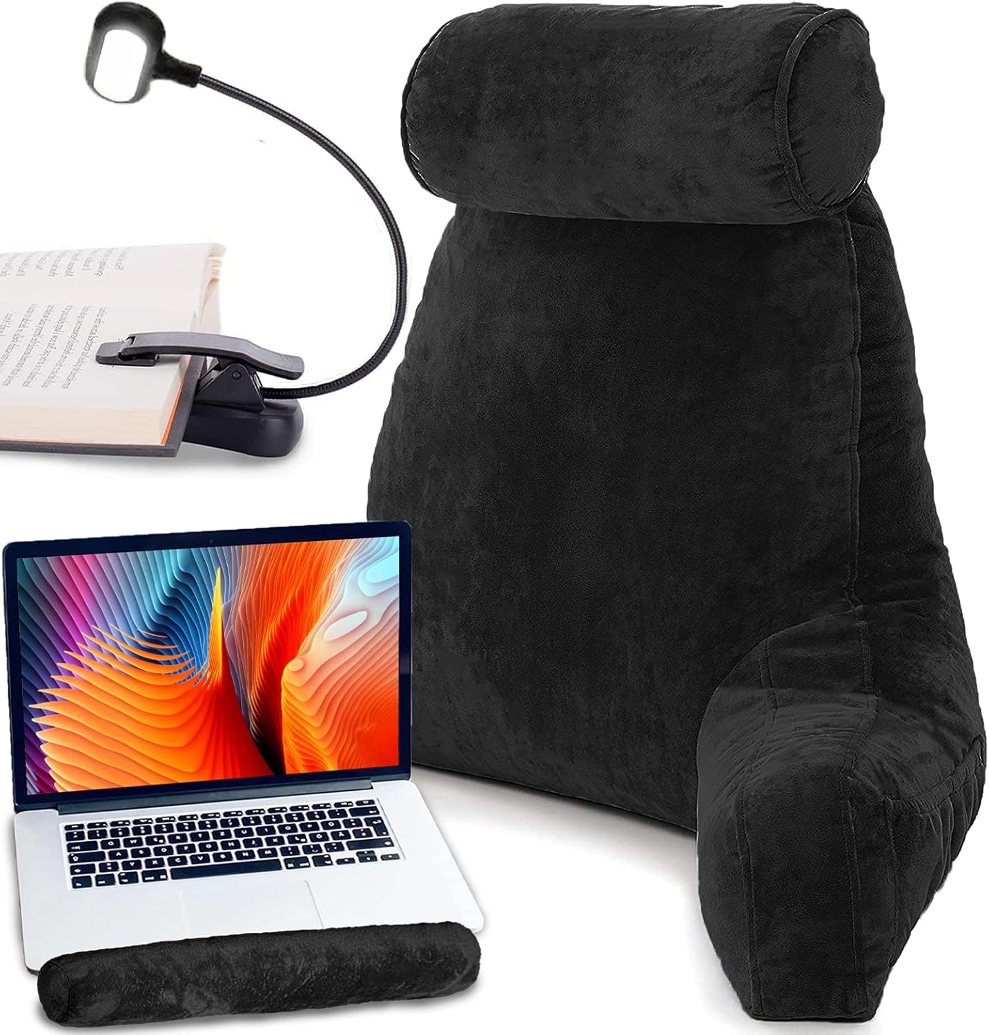 Premium Reading Bed Rest Pillow with Reading Light and Wrist Support, Has Arm Rests, Neck Roll, and Back Support for Reading, Lounging, Working on Laptop, Watching TV in Bed, Has Memory Foam Filling: Kitchen & Dining