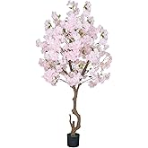 Artificial Cherry Blossom Tree, 6ft Pink White and Champagne Silk Flowers, Indoor Potted Plant, Faux Blossom Tree for Home Decor (Pink)