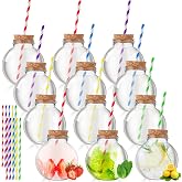 Yaomiao 24 Pcs 10oz/ 300ml Plastic Potion Bottles Empty for Drinks Mini Plastic Fish Bowl Ornament Cups Spherical Bottle with Cork and Straws Bulb Cups for Carnival Party(Multicolor)