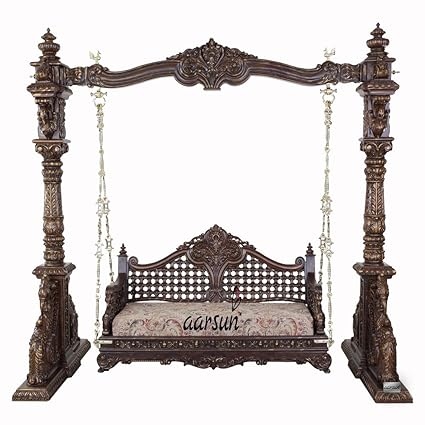 Aarsun Woods Handcrafted Wooden Swings / Jhoola For Garden And Indoors, Dark Walnut & Gold Color Finish